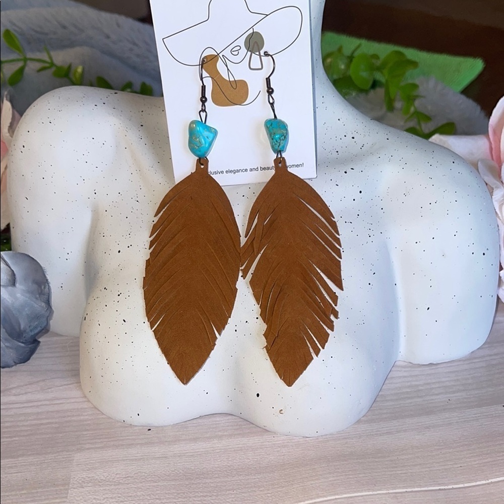 Brown Feather Tan Suede Earrings with Turquoise Accents